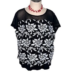 INC International Concepts Blouse XL Black White Floral Mesh Lace Overlay Top